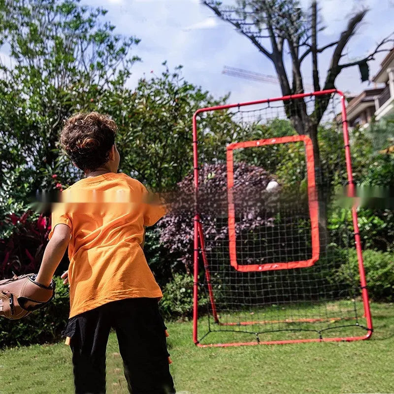 Red portable baseball training net with metal frame measuring 4x6FT