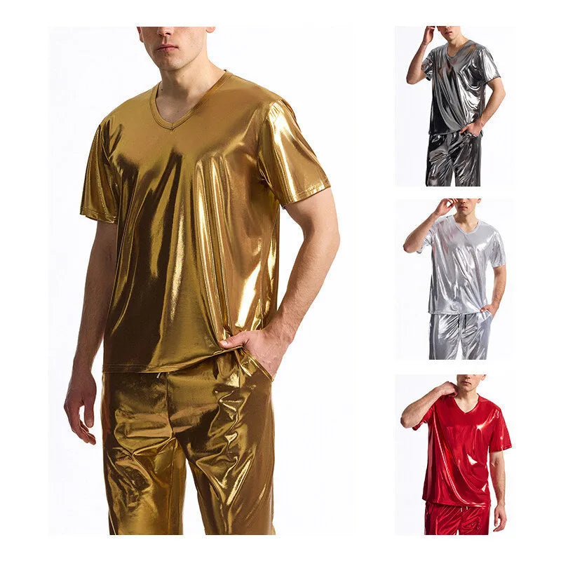 Men's bronzing disco suit set with short sleeve top and shorts in dark grey, silver, red or yellow, sizes S to 2XL