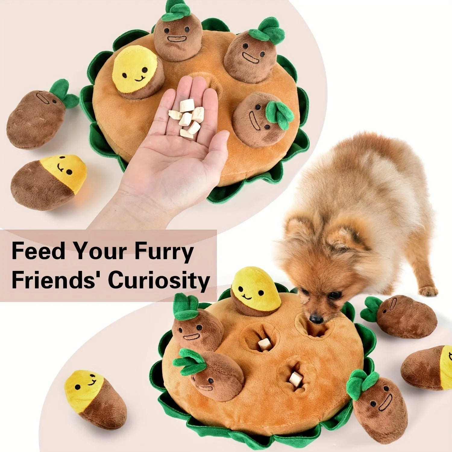 Yellow interactive dog puzzle with removable squeaky plush toys and slow feeder play pads