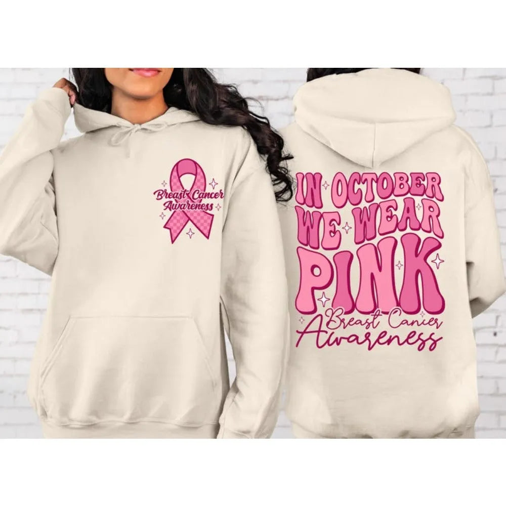 Breast Cancer Awareness hoodie with retro pattern and side pocket in pink, white, khaki, or black.