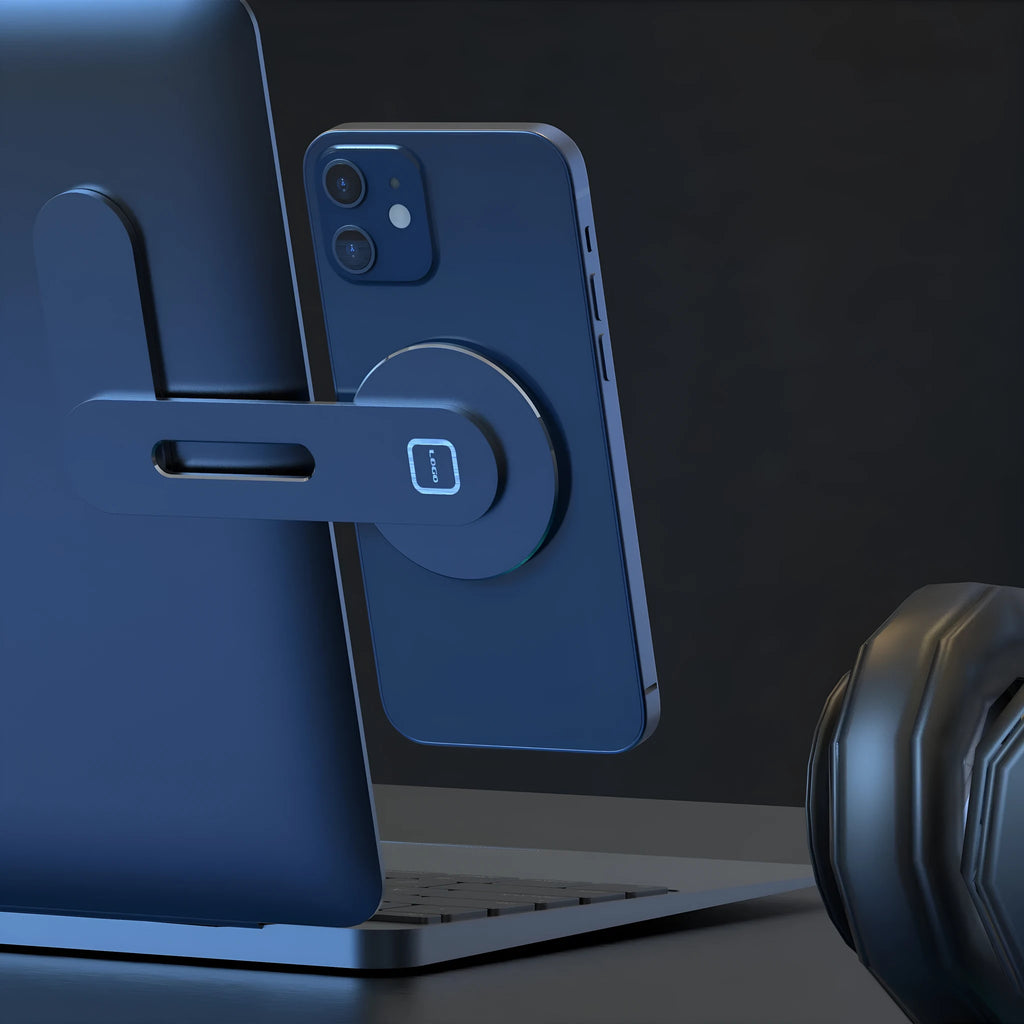 Aluminium magnetic desktop laptop stand in silver colour with silicone pads and arc-shaped magnetic strip.