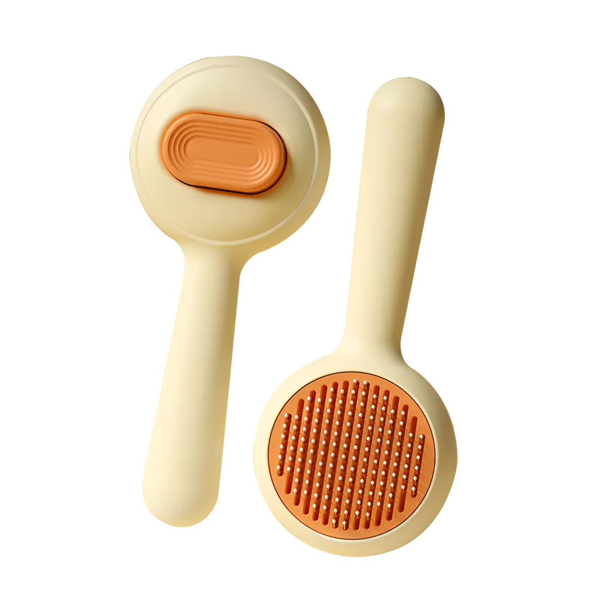 Stainless steel cat grooming brush with non-slip plastic handle in green or yellow colour