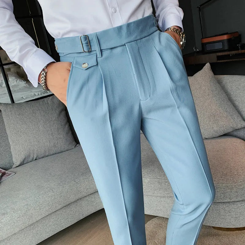 Men's straight-leg casual trousers in solid colours showing straight silhouette and polyester fabric texture