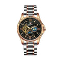Automatic mechanical men's watch with rose gold case, black dial, and large multifunctional display