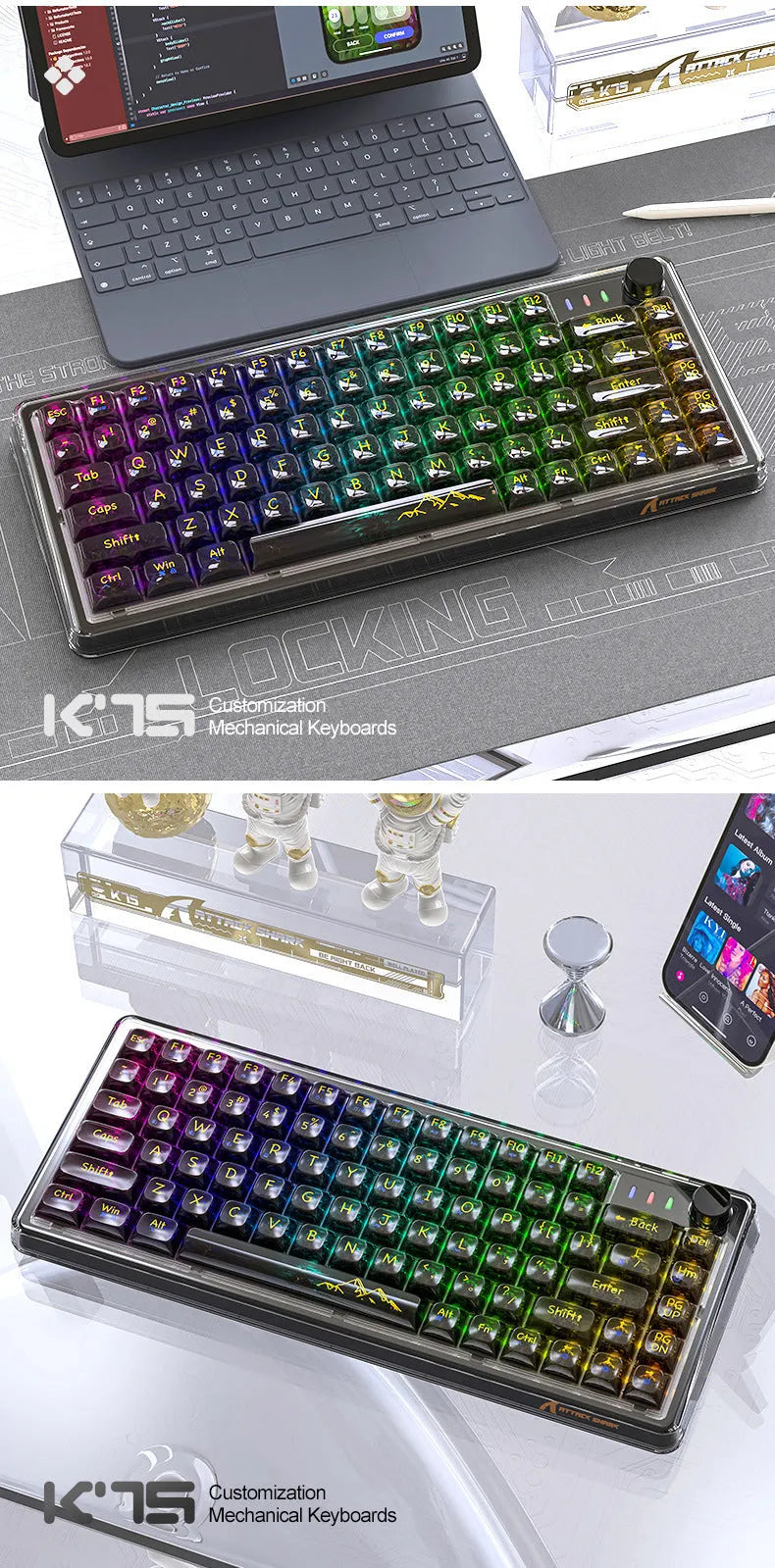 Attack Shark K75 transparent wireless mechanical keyboard with RGB lighting on black background