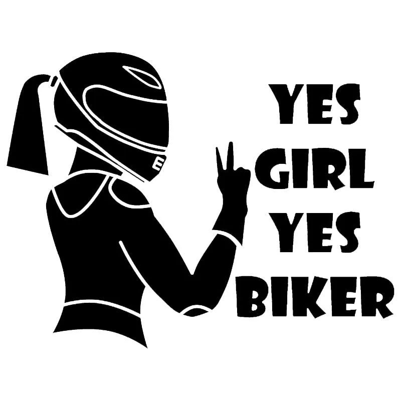 Cool girl rider character car waterproof sticker measuring 16cm by 15cm in black, white, and laser colours.