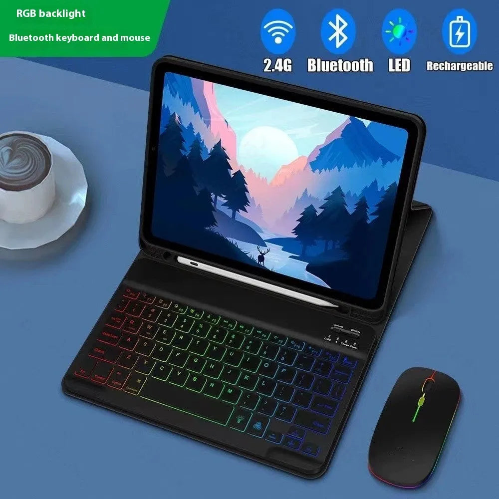 iPad in a black TPU protective case with an attached luminous RGB backlit Bluetooth keyboard, showing the built-in stand.