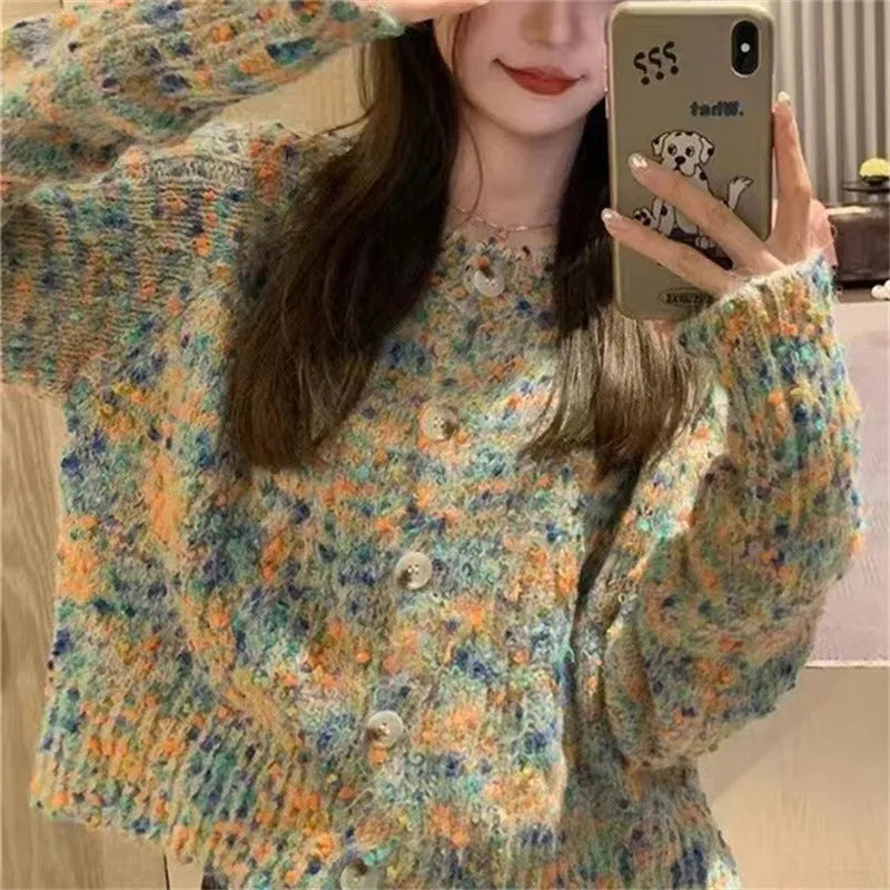 Rainbow stripe knitted cardigan sweater in pink or green with retro gentle idle style