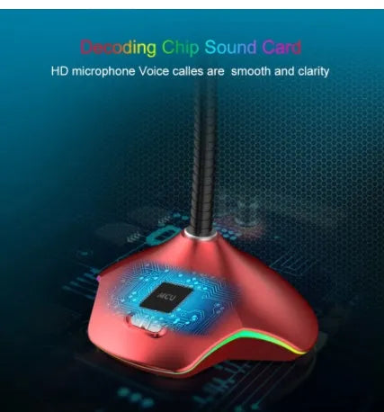 Black wired desktop microphone with detachable windshield sponge on a stand.