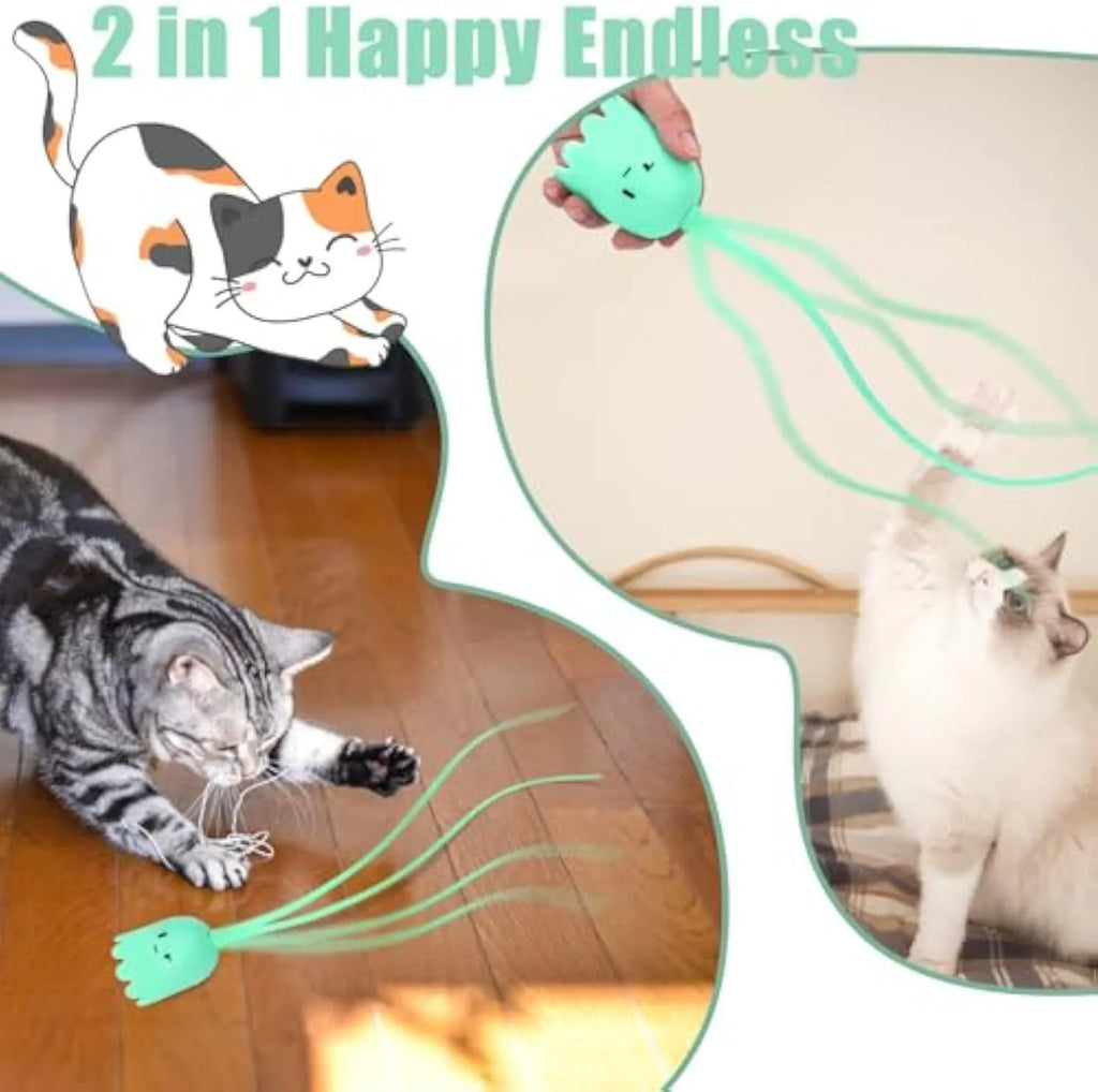 Green automatic electronic cat wand toy with swinging silicone tails on a table