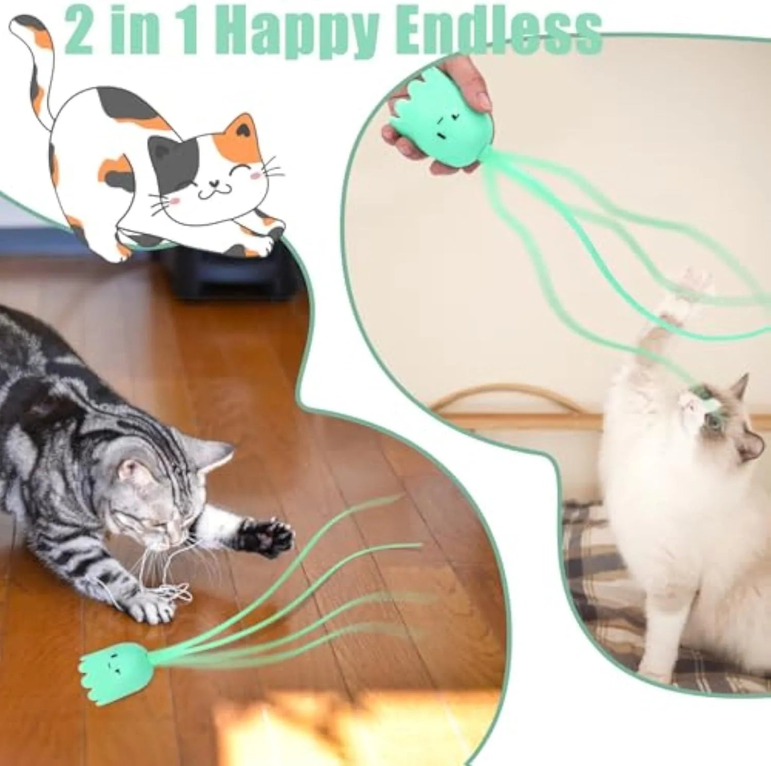 Green automatic electronic cat wand toy with swinging silicone tails on a table