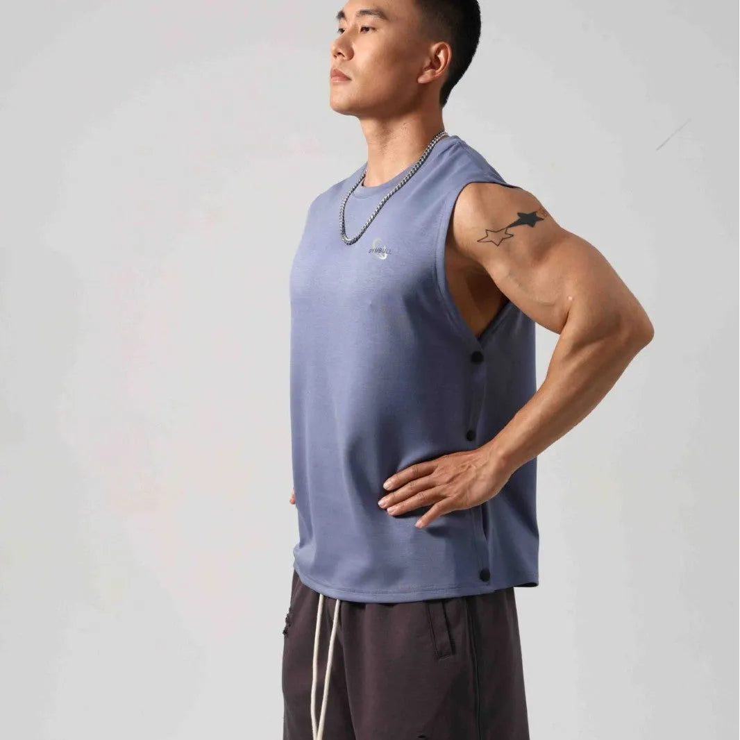 Men's black Korean style loose fitness vest with hidden hook openings on the sides