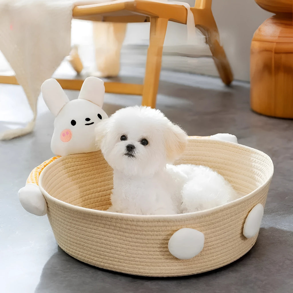 Cotton rope woven cat bed and scratching board in rabbit design showing basket shape with integrated scratching surface