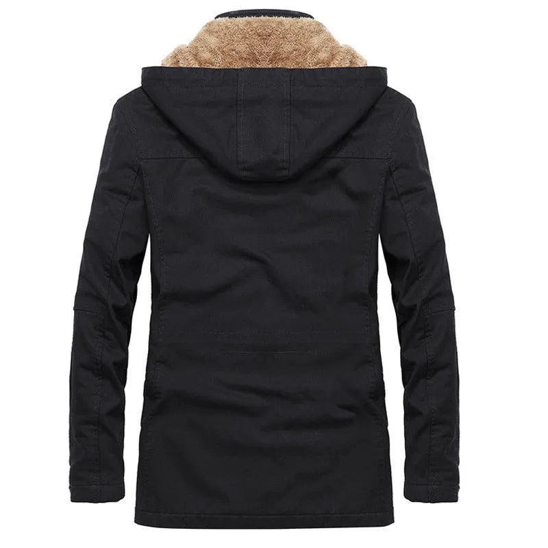 Men's thickened winter jacket with stand-up collar and zip front, loose fit casual coat in khaki, black, earthy yellow or military green