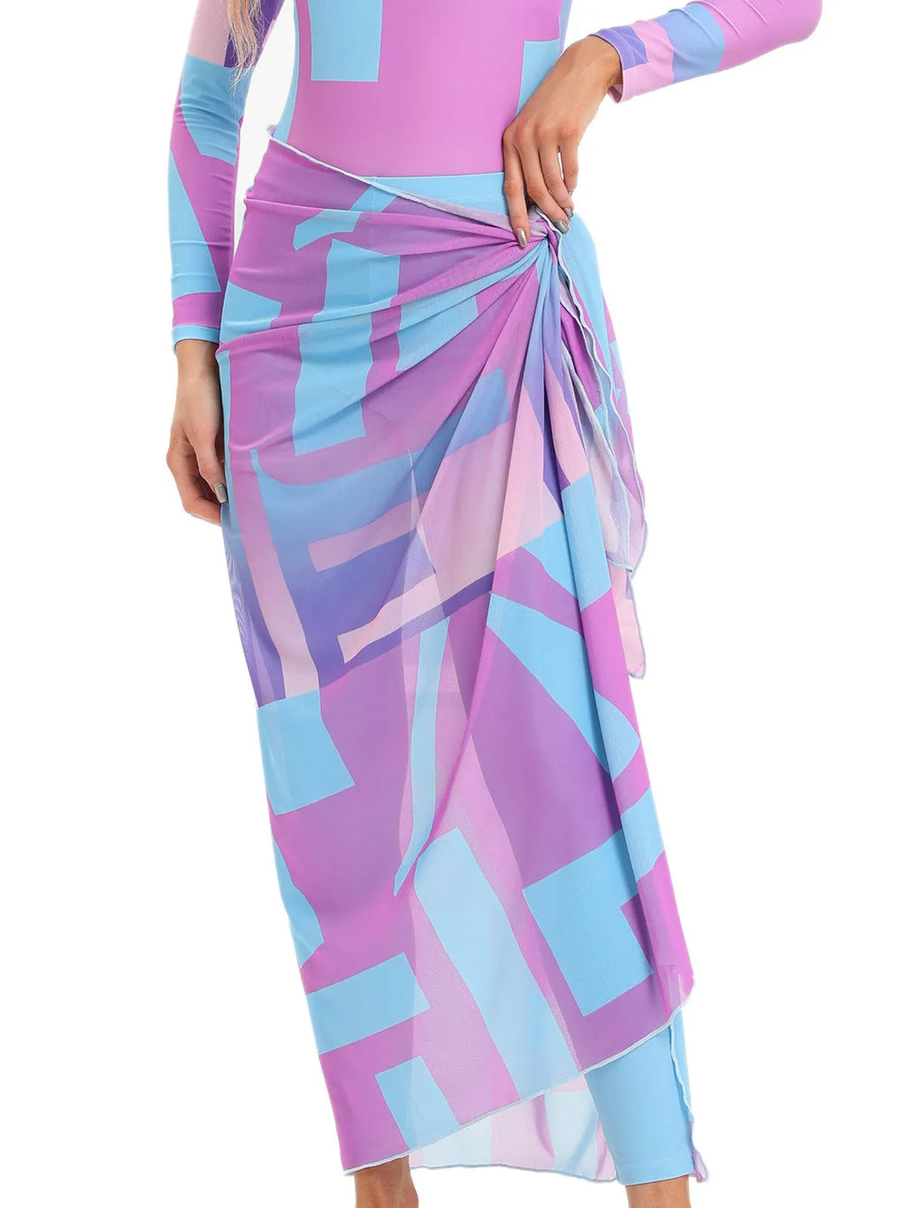 Conservative long sleeve swimsuit and apron set for women in blue, on a hanger.
