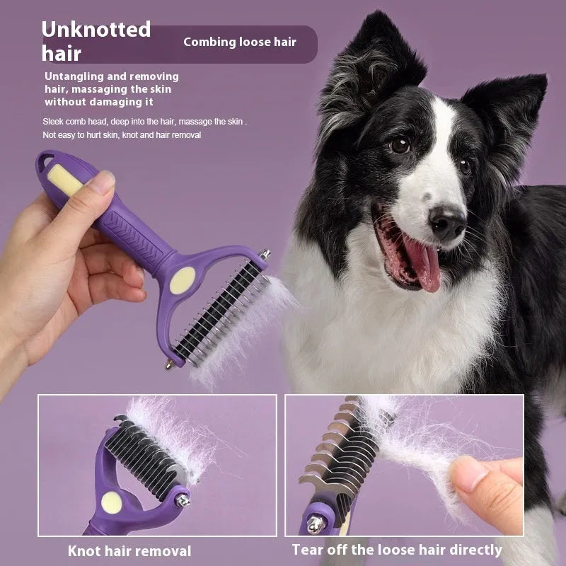 Purple double-sided plastic pet comb for dogs and cats used for knot untying and grooming