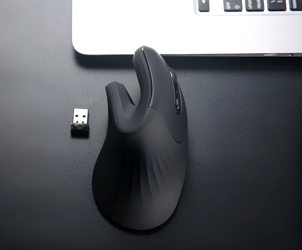 Black wireless vertical mouse with six buttons, extended wrist rest, diamond-pattern waist and adjustable DPI
