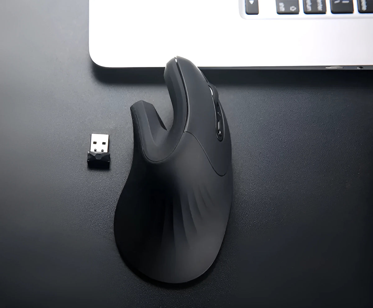 Black wireless vertical mouse with six buttons, extended wrist rest, diamond-pattern waist and adjustable DPI