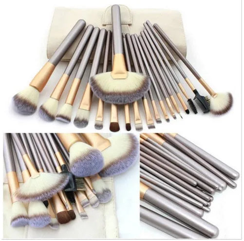 Persian make-up brush set with rice white bristles and champagne handles in 12, 18, or 24 brush options.