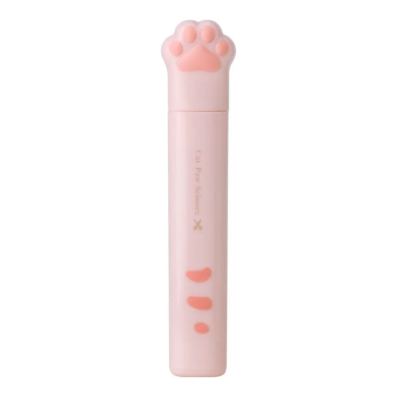 Mini folding scissors with cat paw design on handle, shown in pink, white, black, and blue colour options.