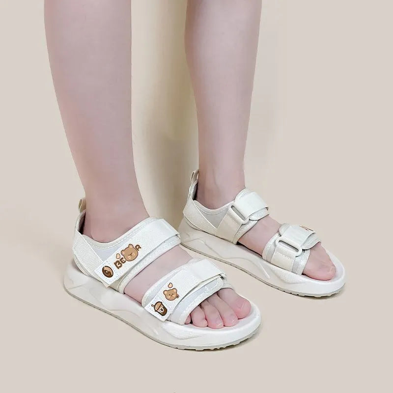 Women's open toe canvas sandals with Velcro fastening, mesh lining, flat rubber sole, Bear Bakery colour, sizes 35-40
