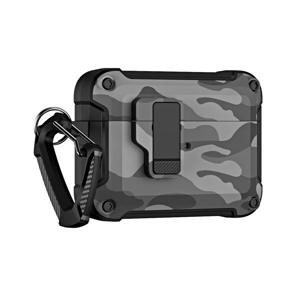 Camouflage multifunction AirPods protective cover in PC and TPU with magnetic attraction, shown in camouflage and carbon fibre patterns.