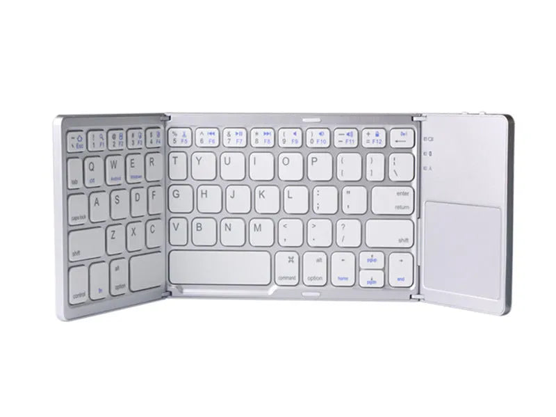 Black ultra-thin tri-fold Bluetooth keyboard with touchpad open and folded showing compatibility with iPhone and Android