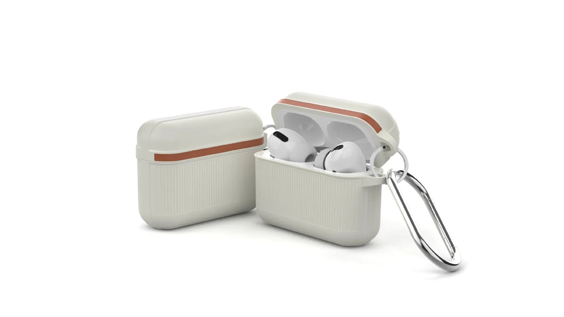 Silicone clamshell protective case for Apple AirPods charging case with metal buckle, shown in beige.