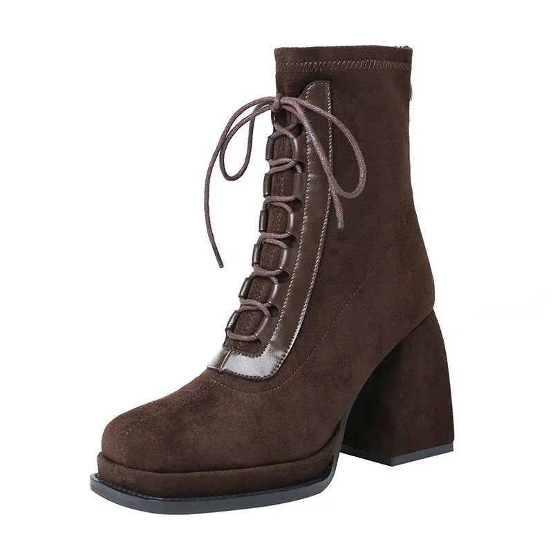 Women's ultra-high heel short Martin boots in black, 6-8 cm heel, leather lining, hollow-out detail, size 34-39