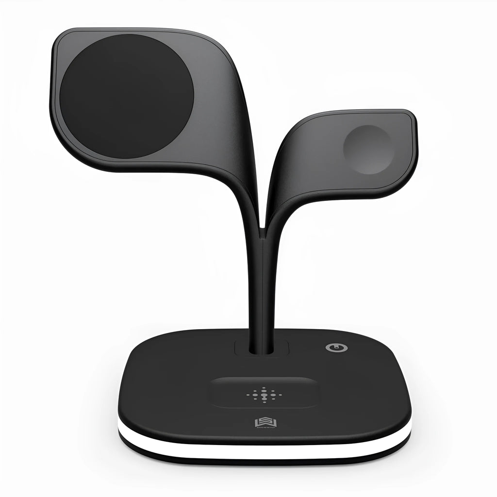 Black wireless charging desk stand showing phone, watch, and headphones charging simultaneously