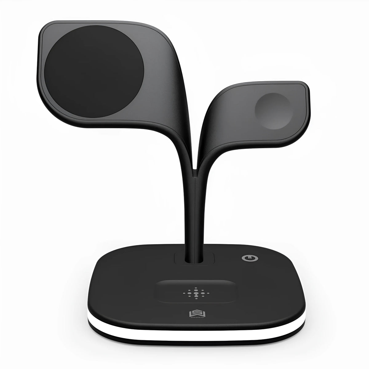 Black wireless charging desk stand showing phone, watch, and headphones charging simultaneously
