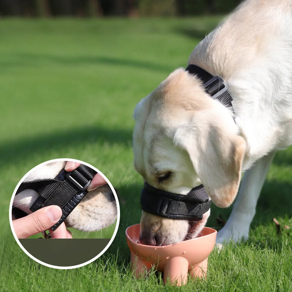 Adjustable dog muzzle with soft foam padding and strap, shown in size S, M, L, or XL.