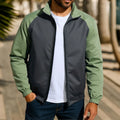 Men's casual jacket with stand collar and contrast colour panels in red, khaki and green, loose fit