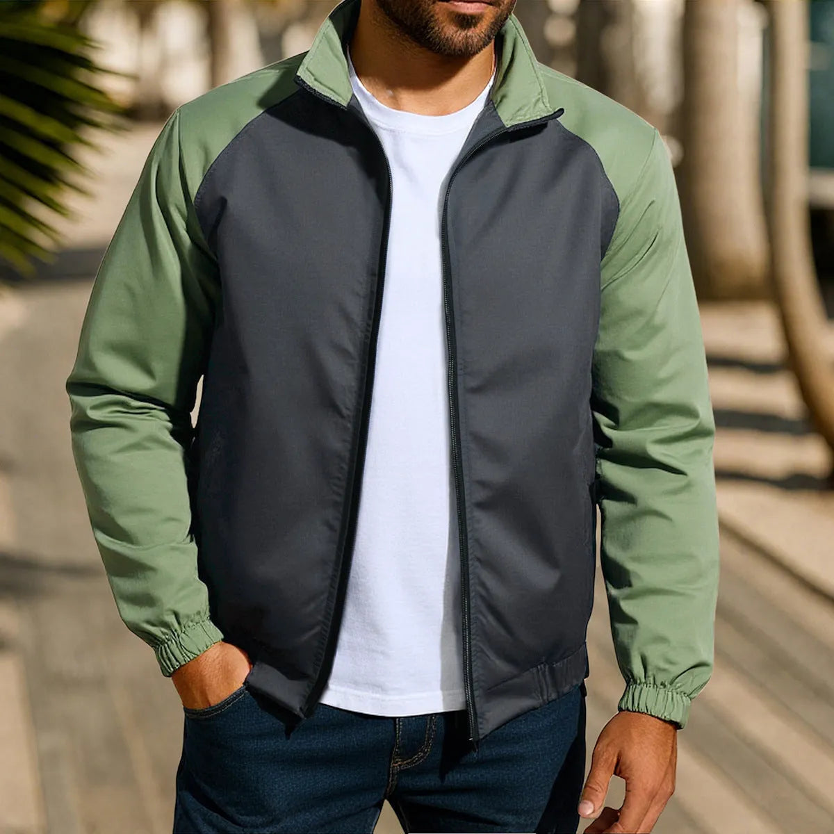 Men's casual jacket with stand collar and contrast colour panels in red, khaki and green, loose fit