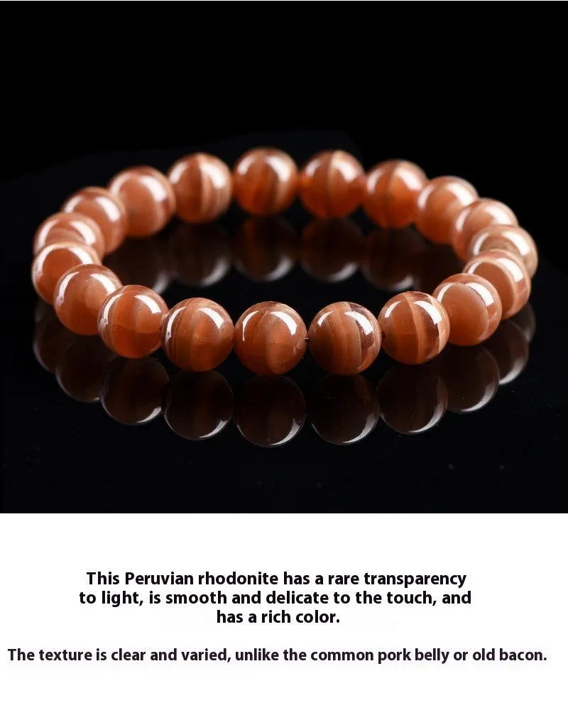 Natural Old Mine Rhodochrosite round bead bracelet with Ruyi element, choice of 6mm or 8mm beads.