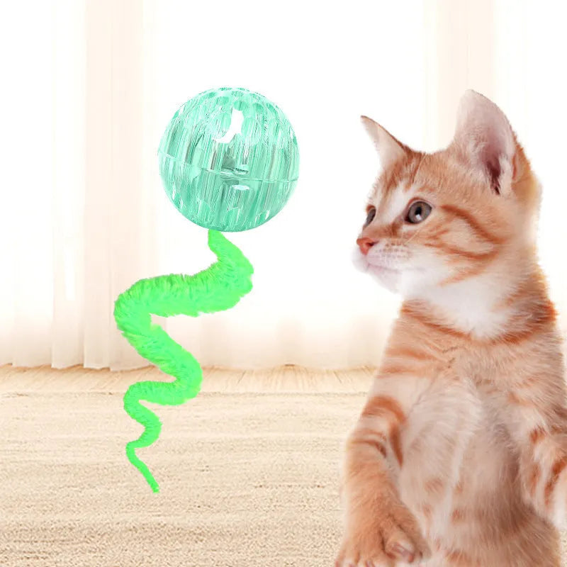 Interactive cat ball toy with bouncy TPR ball and plush worm tail in green colour