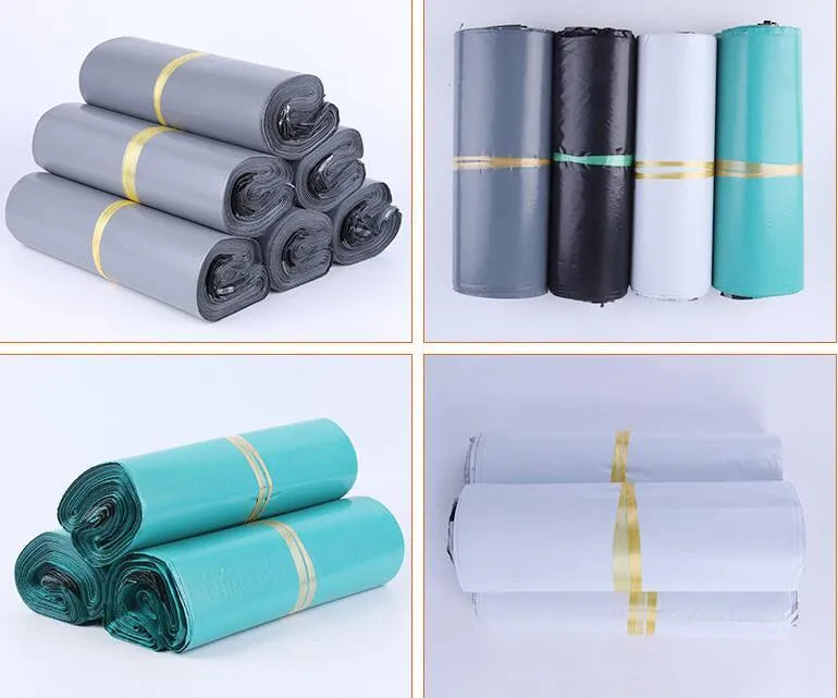 A bundle of 100 clear and coloured PE plastic courier bags with sticker seals for clothing protection.