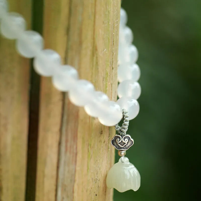 Women's S925 silver bracelet with white agate and Hetian jade stones in geometric national style