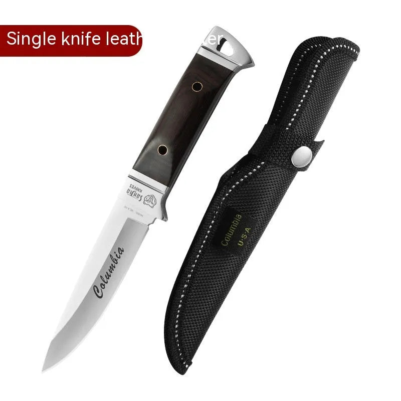 Camping portable fruit knife with stainless steel blade and leather protective case