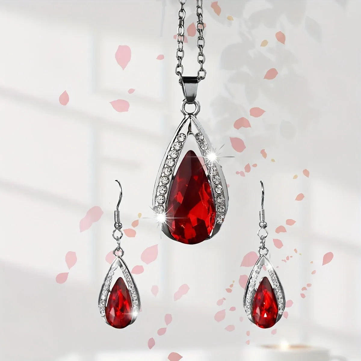 Black and red teardrop shaped glass pendant necklace and matching earrings alloy jewellery set