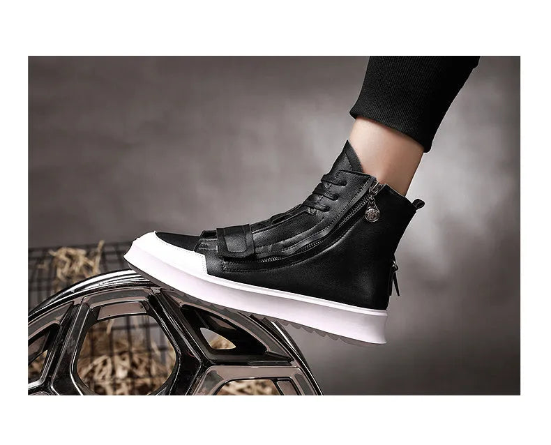Men's black and white PU leather winter ankle boots with high-top sneaker styling showing size range 38-43