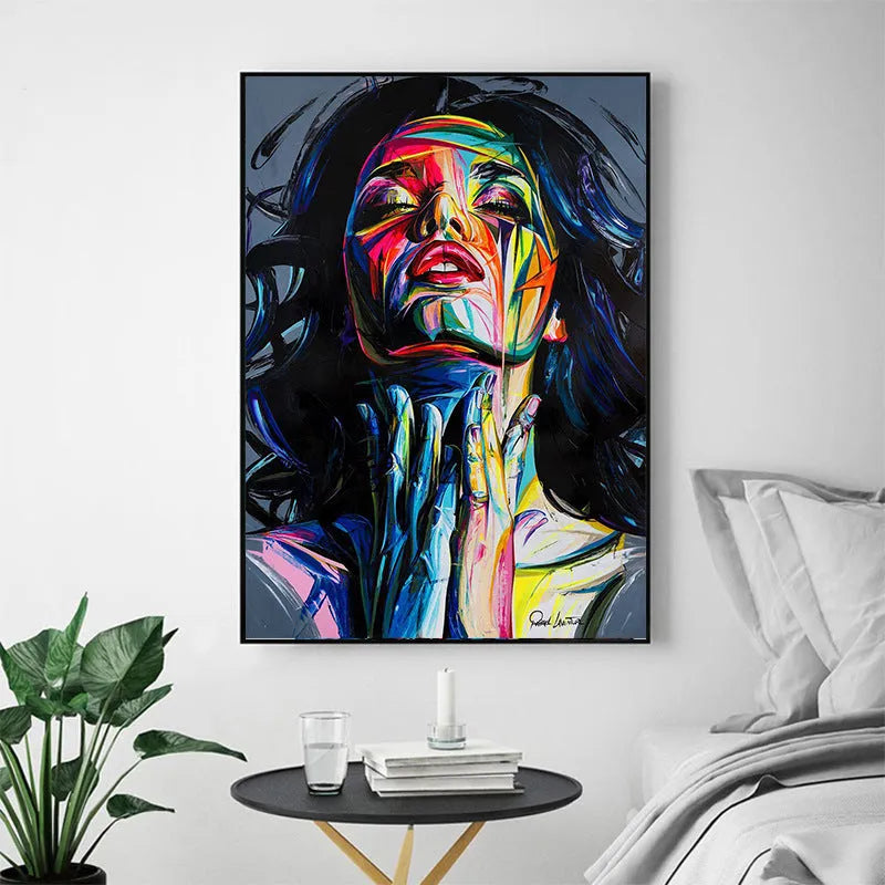 Personal portrait oil painting with smokey girl theme in black on non-woven material