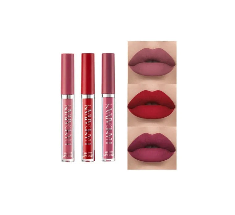 HANDAIYAN matte liquid lipstick in tube with non-fading, non-stick cup formula, 2.5ml size.