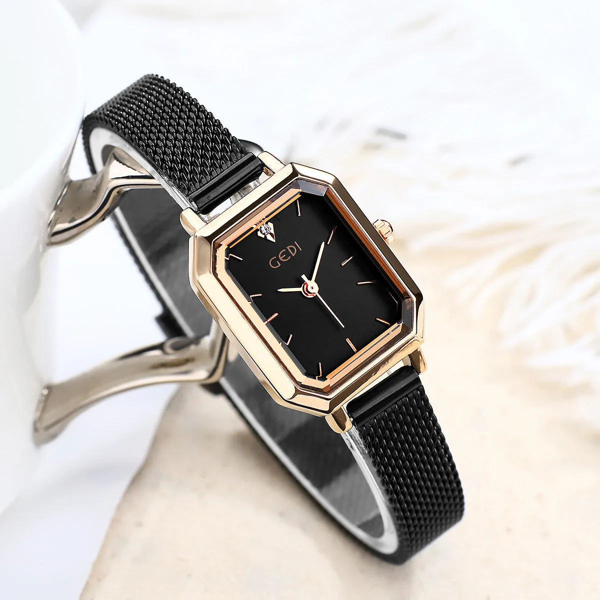 Women's square retro casual watch with rose shell case showing colour options including green, white, blue and black dials