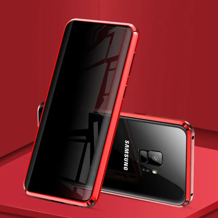 Black anti-peeping magnetic phone case for Samsung Galaxy showing clamshell design and privacy screen