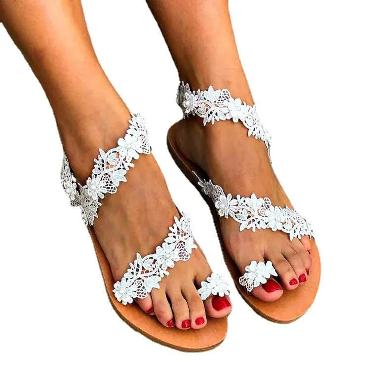 White plus size women's flat sandals with rhinestone flower decoration and round toe