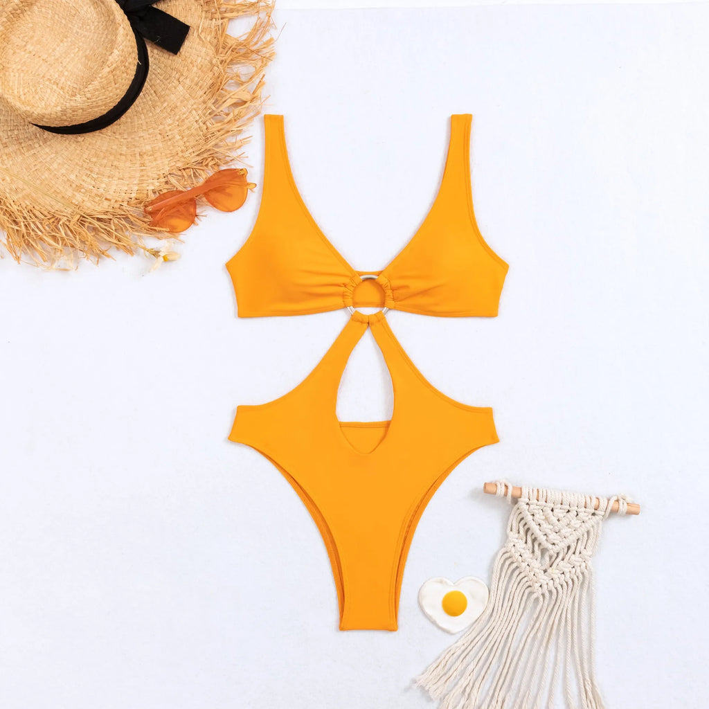 Women's triangle one piece swimsuit in sleeveless nylon design available in multiple colours