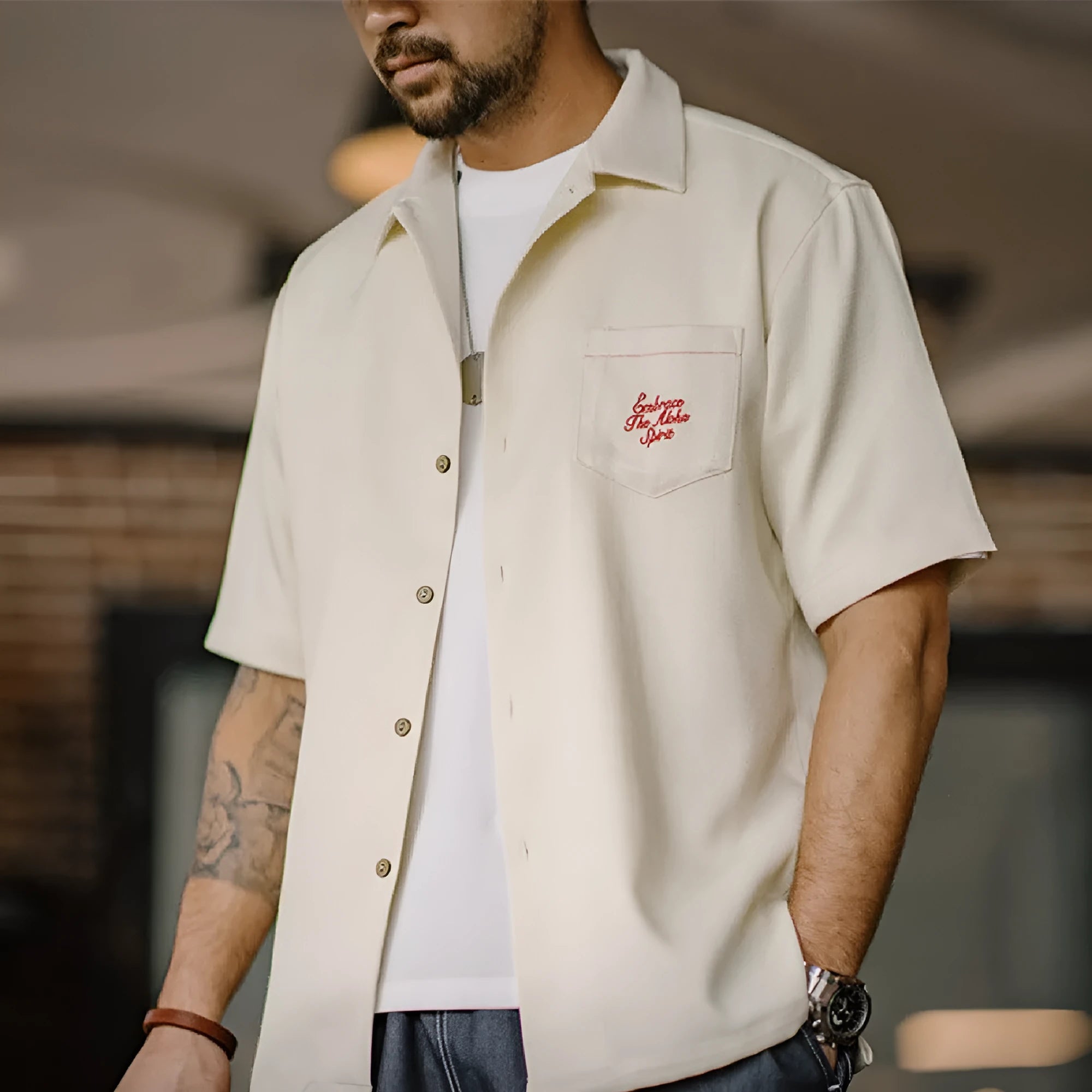 Men's light apricot bamboo pattern Cuban collar shirt with plant and flower designs