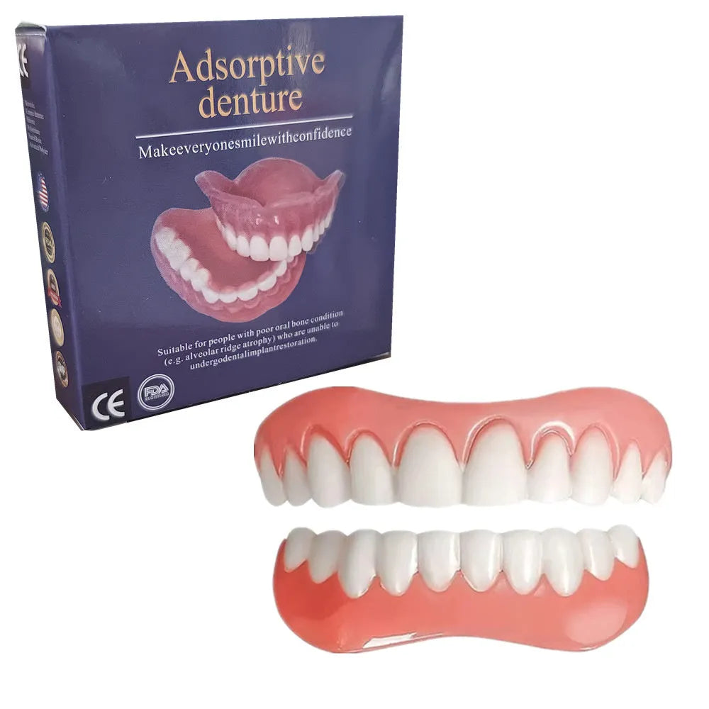 Disposable silicone simulation smile dentures with upper and lower teeth in colour box packaging