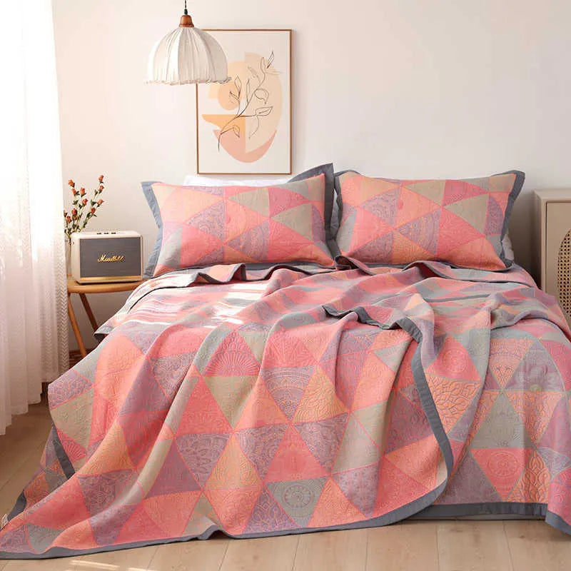 Cotton gauze bed blanket three-piece set with floral patterns showing blanket and two pillowcases